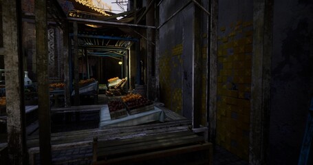 Fototapeta premium golden hour market lane with pottery and brass catching warm light, expansive shadows and glowing highlights, quiet commercial alley ripe for lifestyle, travel
