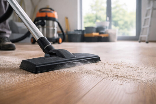 Vacuum cleaner removing renovation dust and debris from wooden floor during home improvement cleanup inside modern interior.