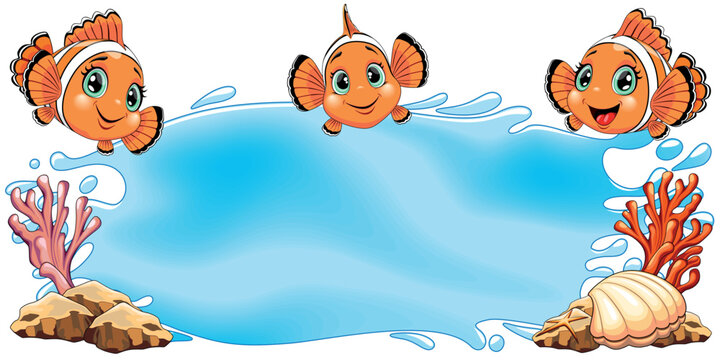 Clownfish Cute and Joyful little Cartoon Characters swimming around a water Banner with Coral Reef decorations, a perfect background for Summer Holidays Advertising. Vector Illustration 