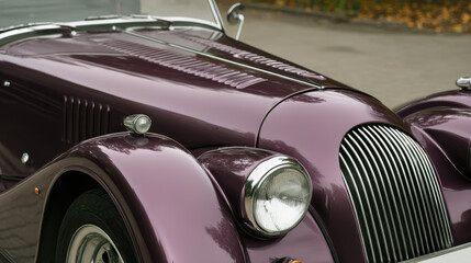 Vintage convertible sports car in deep plum noir color, showcasing chrome details and hood design, parked on neutral pavement in natural daylight