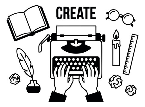 Line art creative writing desk elements set featuring a person typing on a typewriter, a book, quill pen, and glasses for artistic creation and storytelling