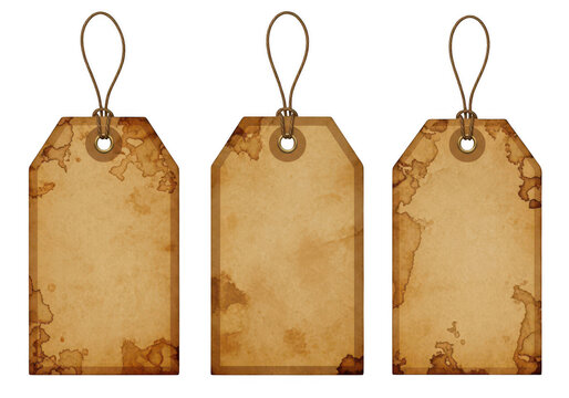 Three brown paper tags with string attachments on a white background isolated on transparent background 'Png
