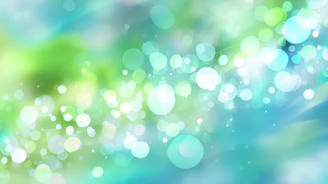 Spring snow ice thaw, end of Winter Season, hope, fresh start. A vibrant, abstract, bokehstyle background with a blend of green and blue hues, featuring a multitude of light and shadow patterns.