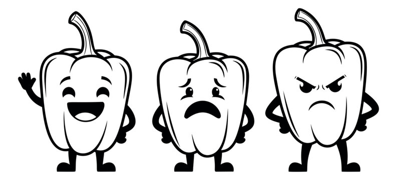 Line art cartoon bell pepper character set featuring happy, sad, and angry expressions for food and emotion concepts