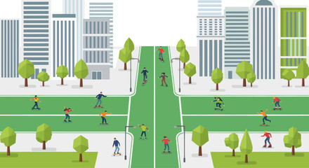 Fototapeta premium People skateboarding and rollerblading on a city street with trees and skyscrapers