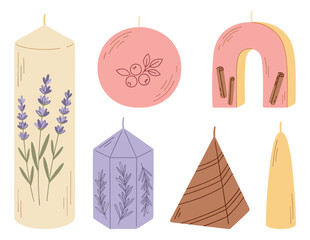 Fototapeta premium Hand drawn candles set featuring various shapes and scents like lavender, berries, and cinnamon for home decor