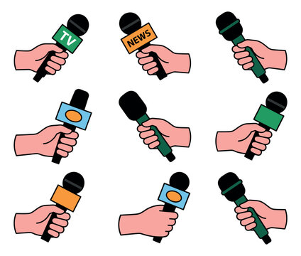 Line art cartoon microphone set featuring hands holding news and media microphones for broadcasting and interviews