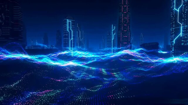 Futuristic cityscape with vibrant neon waves of light flowing through a digital landscape. Represents the intersection of technology and urban life