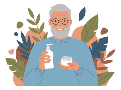 Flat illustration of a senior man depicting holding lotion and moisturizer for men's skincare routine