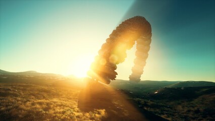 A mesmerizing stone sculpture stands tall against a breathtaking sunset. The soft glow of the sun highlights its curves while casting long shadows over the peaceful landscape. © icetray