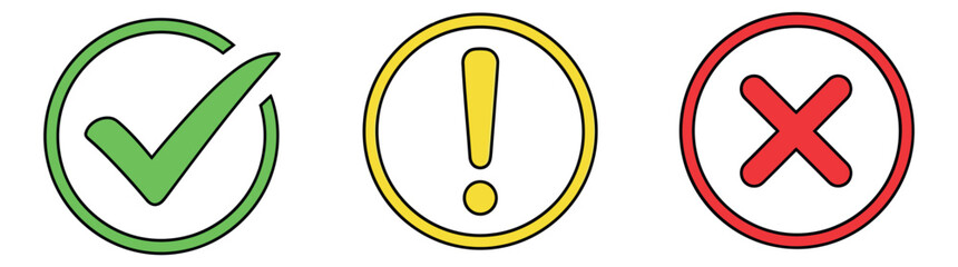 Obraz premium Hand drawn status icons set featuring a green checkmark, a yellow exclamation mark, and a red cross sign for user interface design and feedback