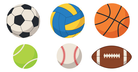 Fototapeta premium Flat design sports balls set featuring soccer, volleyball, basketball, tennis, baseball, and american football for athletic games and recreation