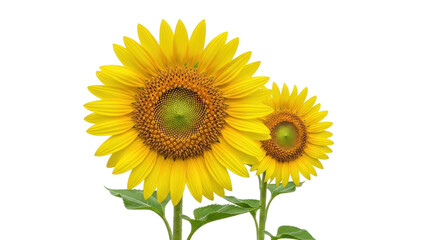 Fototapeta premium Isolated pair of sunflowers, bright yellow petals, green stem, garden, floral decoration
