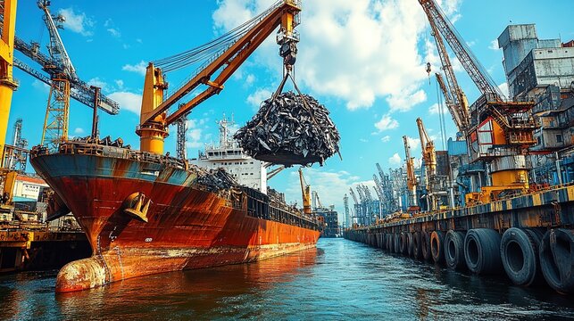 Industrial Port Scene with Cargo Ship and Crane Loading Scrap Metal