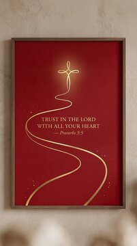 Minimal path leading to cross drawn in elegant gold line, soft foil shine, matte red background, luxury Christian poster, Bible verse &ldquo;Trust in the Lord with all your heart &mdash; Proverbs 3:5&rdquo;

