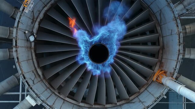 Top Down View of Jet Engine Turbine Burning Blue Flame