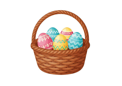 A basket filled with colorful plastic easter eggs ready for an easter egg hunt. isolated on transparent background 'Png