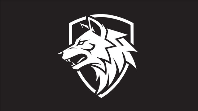 Monochrome wolf head emblem inside shield suitable for branding and sports logo design.
