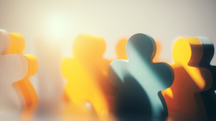 Abstract teamwork concept featuring interlocking geometric shapes in a minimalist composition with soft lighting.