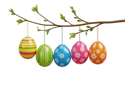 Colorful easter eggs hanging on a tree branch with green leaves isolated on transparent background 'Png