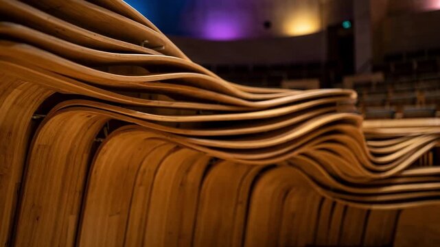 Focused medium shot on the undulating wooden acoustic baffles in a symphony hall as vivid colored lights create a moody atmosphere background softened.