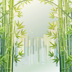 Naklejka premium Vibrant green bamboo surrounding a serene body of water reflecting a subtle city silhouette