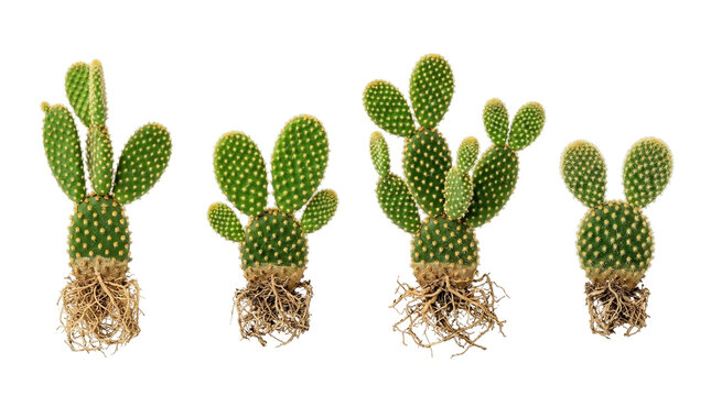 Cactus, Opuntia microdasys, Bunny ear cactus, Succulent, Roots, Plant growth, Transplanting of four desert plants with visible bare root systems isolated on a black background.