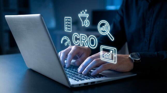 Close up of hands typing on a modern laptop keyboard while illustrating digital conversion rate optimization strategy icons glowing.