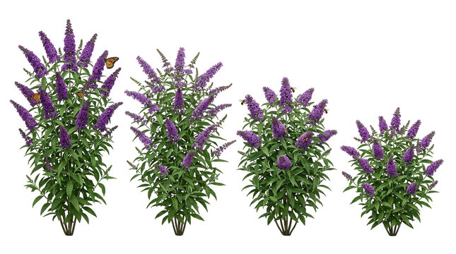 Buddleja davidii, butterfly bush, purple flowers, isolated on black, garden shrub, botanical illustration, pollinator plant showing four growth stages of the vibrant summer lilac.