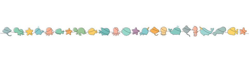 Long one-line illustration of assorted cute sea animals. Colorful minimalist marine silhouettes for banners and decor © Lifeking