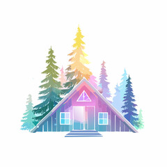 Fototapeta premium Vibrant Watercolor A-frame Cabin Retreat Nestled Amongst Gradient Forest Pines in a Dreamy Landscape Illustration