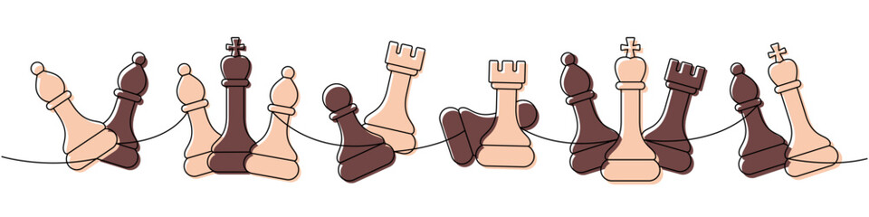 Elegant outline of chess pieces linked on a single line, minimalist design showing strategic balance in black and beige tones © Lifeking