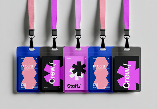Five ID Badge Cards Mockup Hanging in Aligned Row