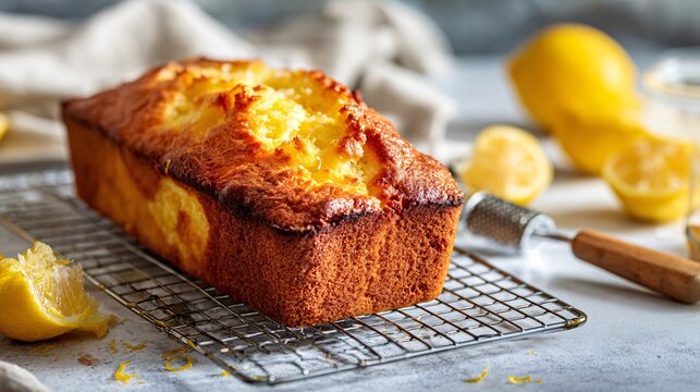 A freshly baked lemon ricotta loaf cake with a crackled golden top and visible lemon zest flecks cools on a wire rack beside halved lemons and a microplane zester in bright natural kitchen light