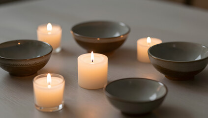 Illuminating Serenity: Delicate candles cast a warm, flickering glow, illuminating ceramic bowls in a scene of tranquil ambiance. Capturing moments of peace.