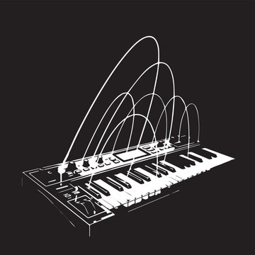 Futuristic electronic keyboard with neon light trails and arcs creating a dynamic music visualization.
