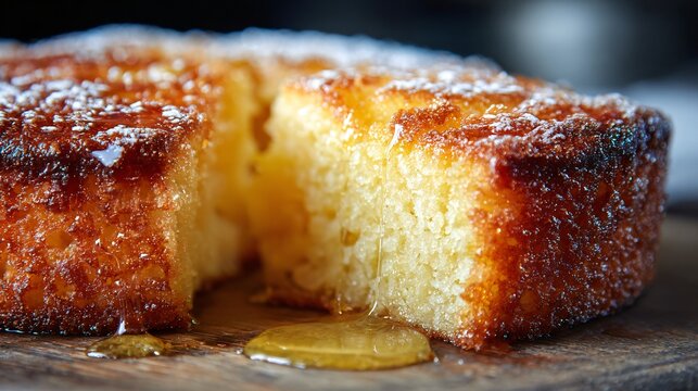 A lemon ricotta cake finished with a light citrus syrup soak is photographed in close up to highlight its moist airy crumb and golden crust