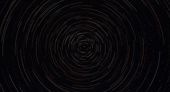 宇宙の深遠さを感じさせる漆黒の無限の夜空に長時間露光技術で捉えられた無数の星々が地球の自転によって描くダイナミックで神秘的な光の同心円状の軌跡 息をのむような天体芸術. AI Generated