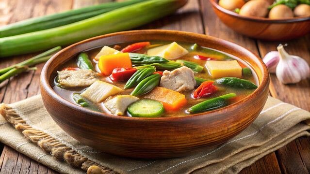 Hearty Filipino sinigang dish with fresh vegetables in terracotta context, showcasing tender meat and sour broth. This comforting Filipino sinigang dish offers authentic flavor, great for any meal.