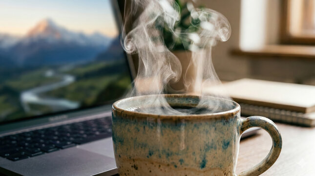 Close up of a steaming cup of hot coffee on a wooden desk with a blurred laptop in the background, cozy remote work atmosphere, professional office setup with shallow depth of field and soft natural l