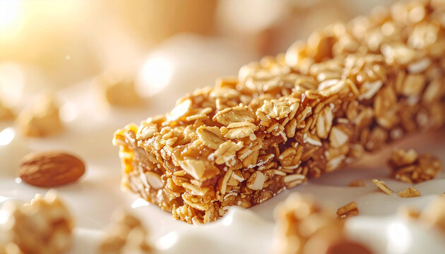 Granola bars with crunchy texture, creamy background, appetizing and wholesome snack