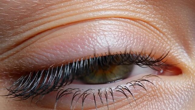 Close-up of an eye showcasing detailed iris patterns, eyelashes, and skin texture under natural lighting