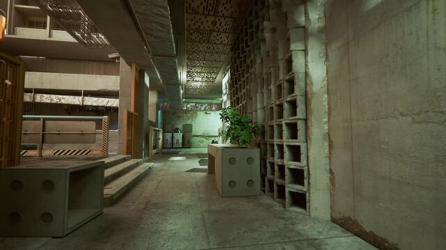 abandoned concrete corridor with planter, dim green lighting, stacked cinderblock shelving, scattered crates, exposed pipes, gritty textures, echoing footsteps,