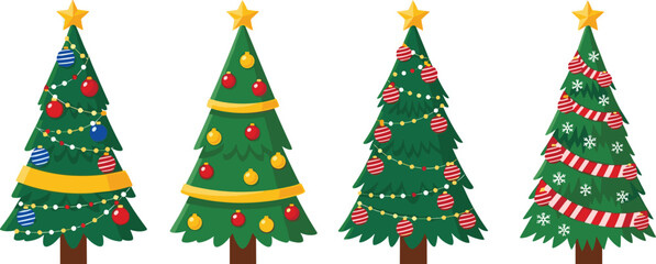 Set of four decorated Christmas tree vector illustrations with colorful ornaments and gold stars isolated on white background for holiday design