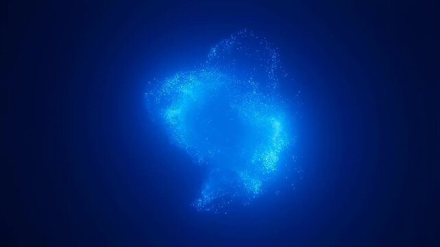 Abstract blue glowing particles forming a dynamic shape in a dark background. Represents innovation, technology, and digital transformation