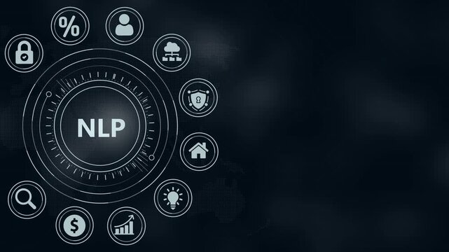 Natural Language Processing NLP Digital Interface with Icons and Data Visualization on Dark Background