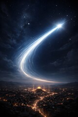 Naklejka premium Magical Shooting Star Over City at Night with Glowing Light Trail in Starry Sky