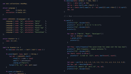 Modern Developer Programmer Screen with Computer Programming Language Code with Color Syntax Highlighting. Vector Illustration. © ec0de
