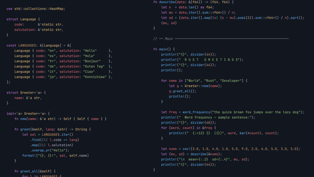 Modern Developer Programmer Screen with Computer Programming Language Code with Color Syntax Highlighting. Vector Illustration.