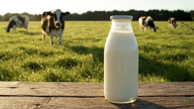 bottle of fresh milk on wooden table with cows grazing in green pasture